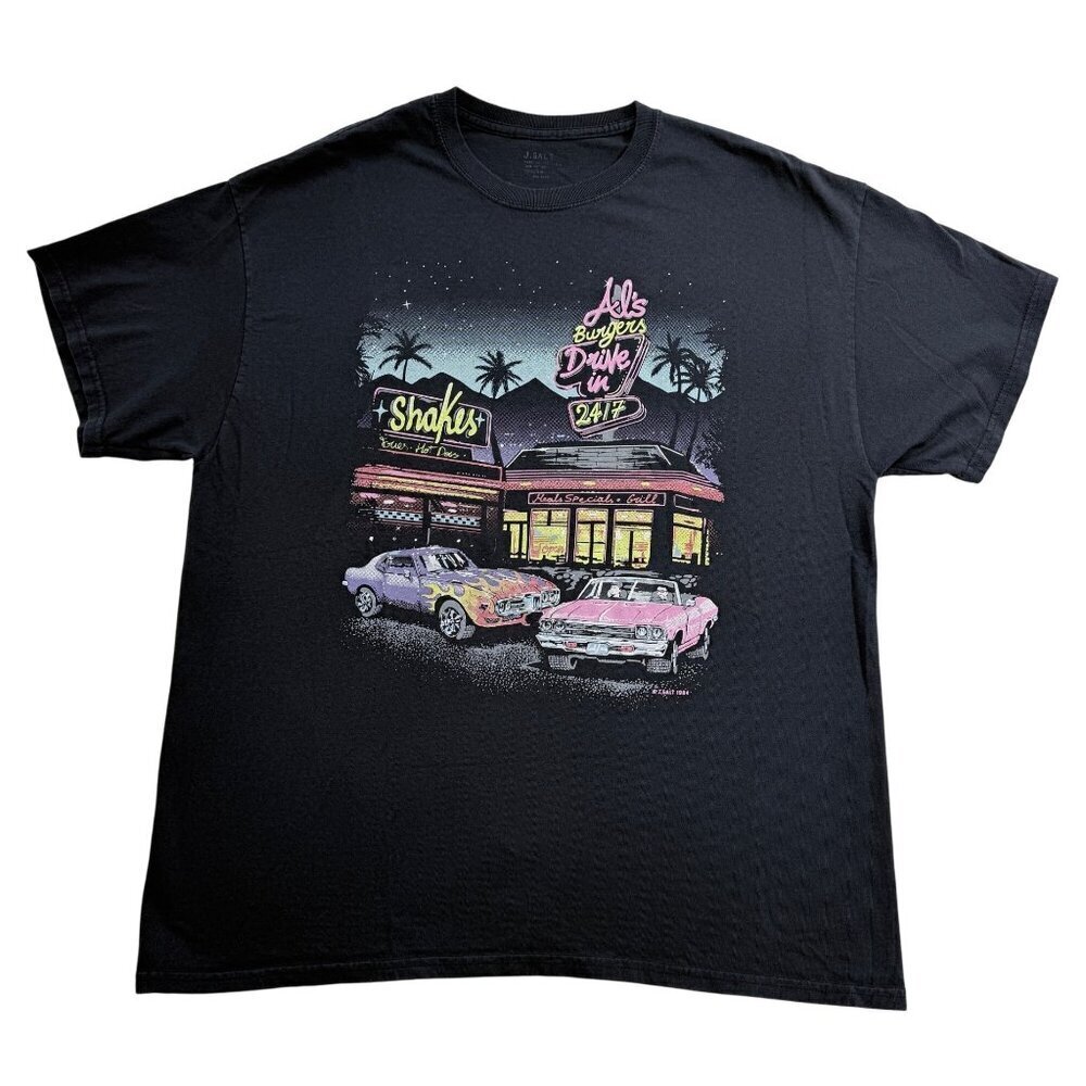 VTG 80s USA J.Galt Big Als Burger Drive In Classic Car Graphic T-Shirt Black OS